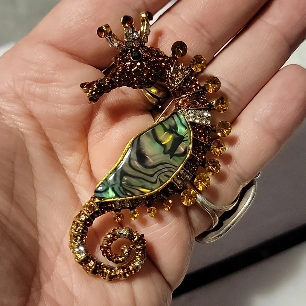 Fabulous Amber Colored Rhinestone & Abalone Sea Horse Gold Tone Brooch Pin